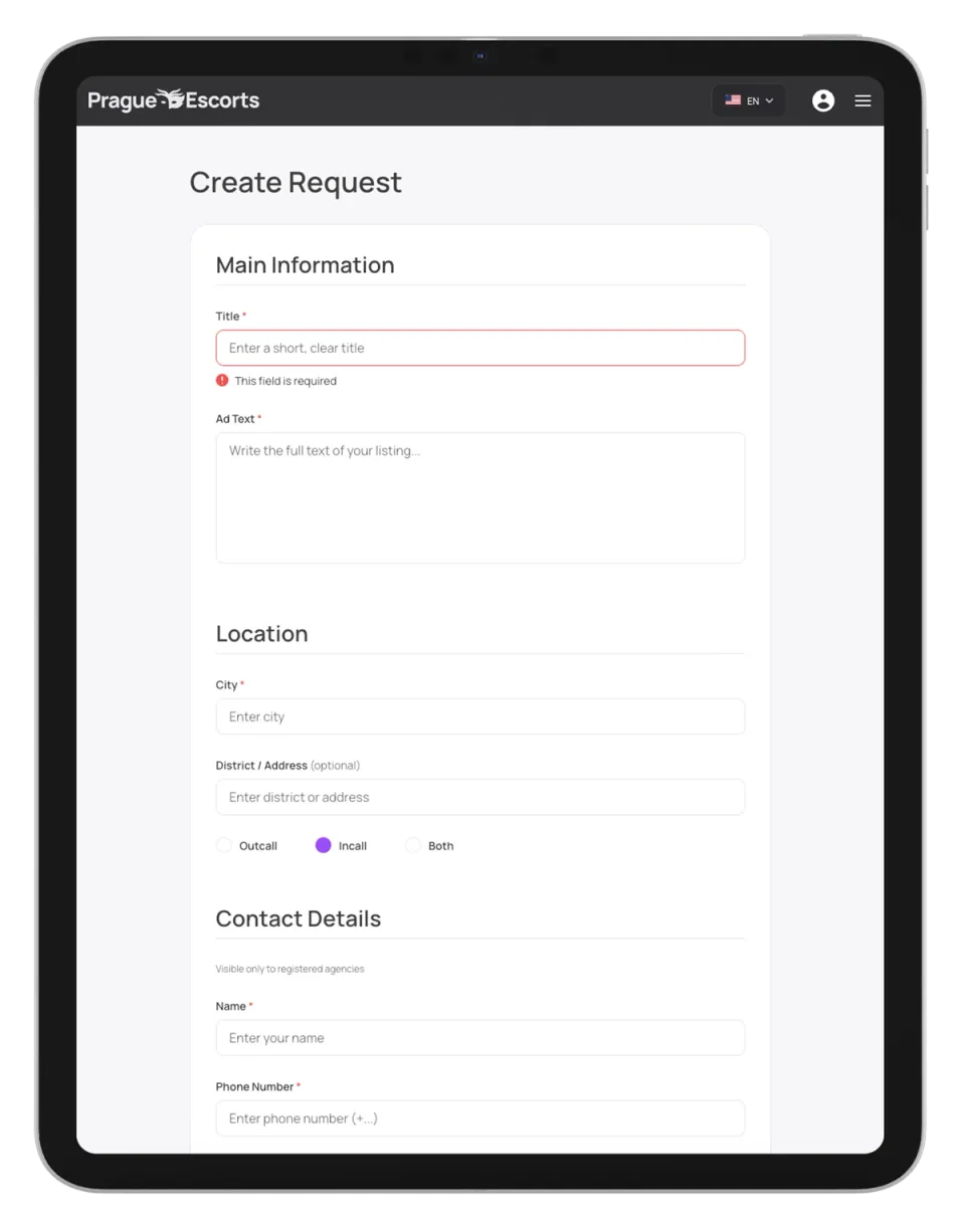 Prague Escorts — Create request & paywall 1